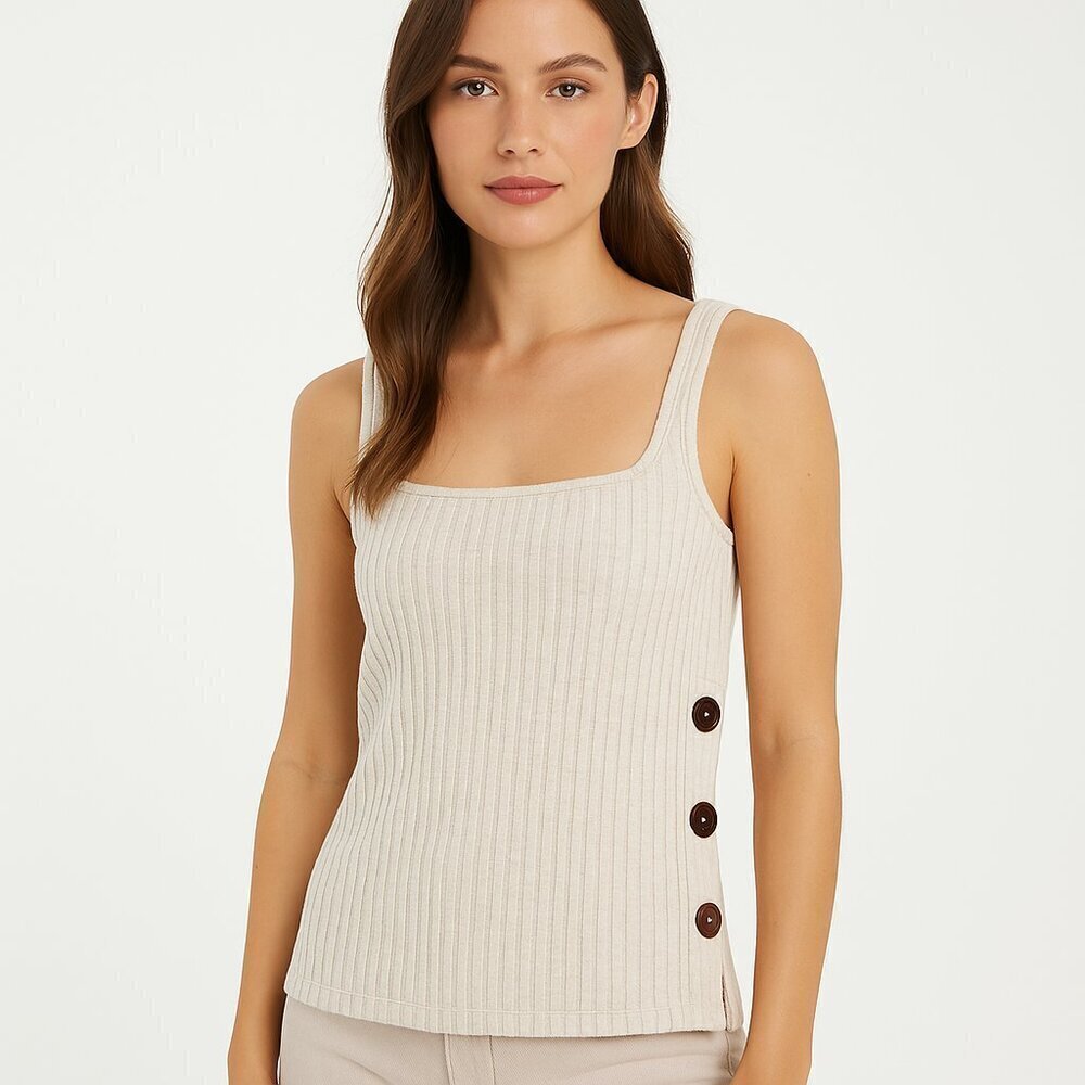 Project Social T Ribbed Sweater Tank Square Neck Button Side Beige Women's Small